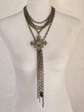 NEW Free People Gold-Tone Layered Cross Necklace with Turquoise Accents